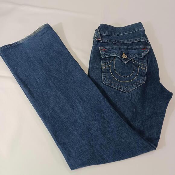 True Religion Billy Womens Blue Cotton Denim Distressed Bootcut Jeans Size 31×33 - Picture 1 of 16